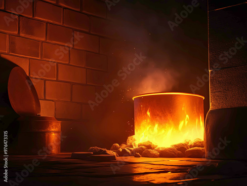 A blazing furnace in a dimly lit room, flames flicker with intense heat as glowing coals fuel the fire. The warmth radiates against the stone walls, illuminating the dark surroundings. photo