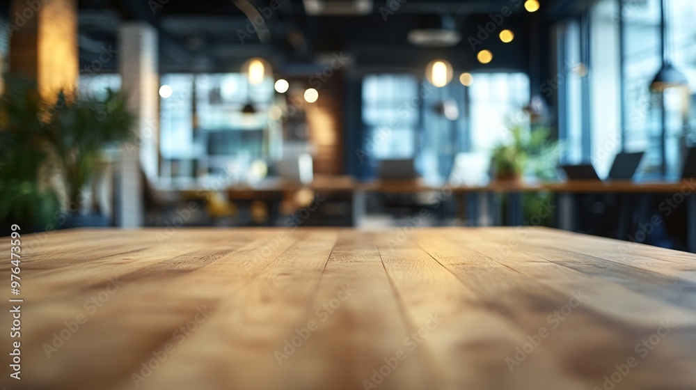 Rustic wooden table in foreground of cozy cafe interior, blurred background with warm lighting and plants creating inviting atmosphere for relaxation and work. Rustic wooden table in foreground of cozy cafe interior, blurred background with warm lighting and plants creating inviting atmosphere for relaxation and work.