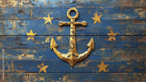 Flag of Rhode Island on wooden plate background. Grunge Rhode Island flag texture The states of America Gold anchor surrounded by 13 gold stars. A blue ribbon below the anchor. photo