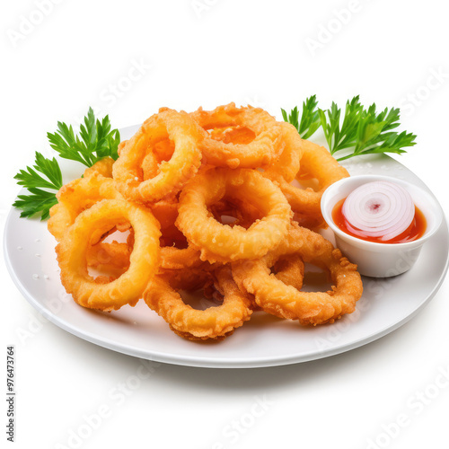 Delicious Plate of Onion Rings Isolated on a White Background.