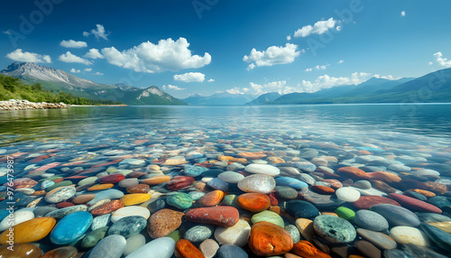 The sea is full of colorful pebbles, and the pebble beach on both sides is covered with many colored glass stones