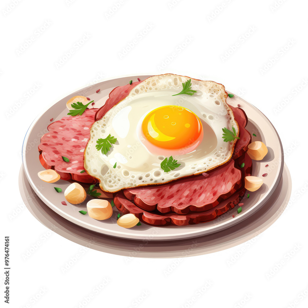 Plate of Corned Beef Hash and a Fried Egg Isolated on a white Background Plate of Corned Beef Hash and a Fried Egg Isolated on a white Background