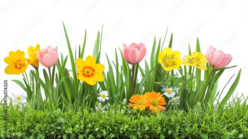 Fototapeta premium Spring grass and flowers isolated