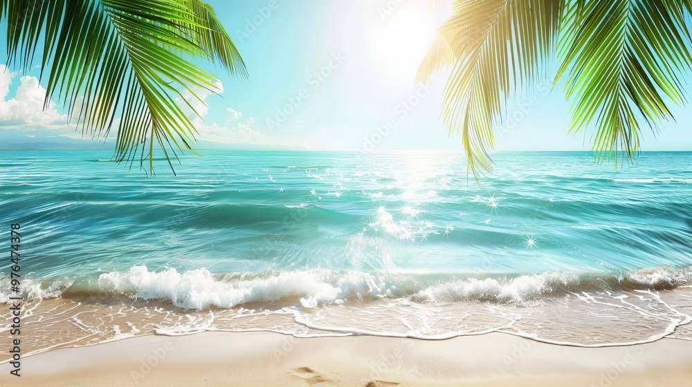 A serene tropical beach scene with sunlight reflecting on calm waters, framed by lush palm leaves and soft sand. A serene tropical beach scene with sunlight reflecting on calm waters, framed by lush palm leaves and soft sand.