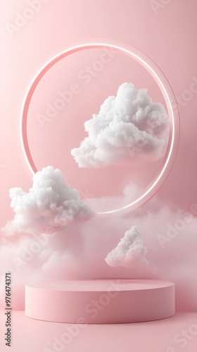 Elegant minimalist scene with floating clouds and a pink background, perfect for fantasy themes or dream-like concepts. photo