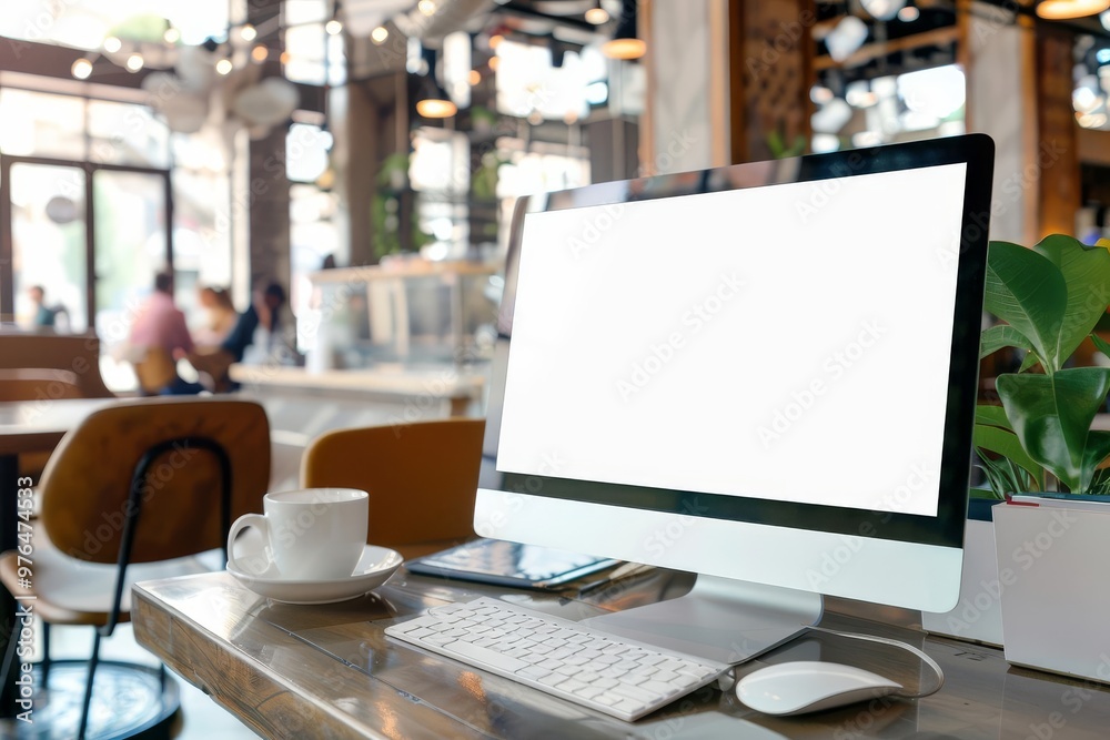 Modern workspace with computer, coffee, and plant in cozy cafe. Ideal for remote work or creative inspiration. Modern workspace with computer, coffee, and plant in cozy cafe. Ideal for remote work or creative inspiration.