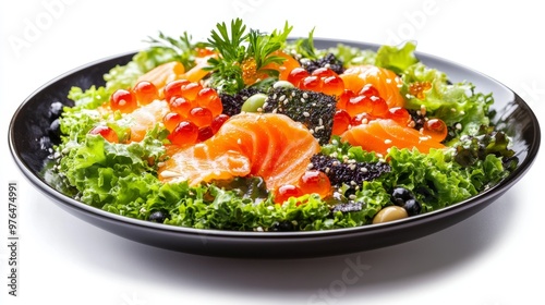 Soft focus- Isolated plate of Japanese style salad Flying fish eggs and seaweed served with wasabi mayonnaise dressing sauce photo