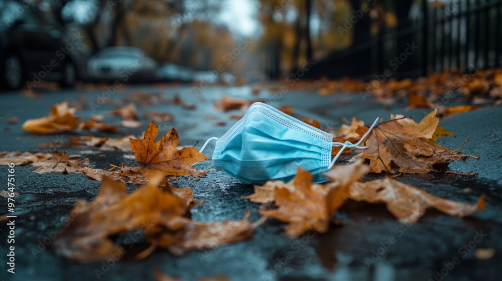 Surgical masks laying in the street with leaves Surgical masks laying in the street with leaves