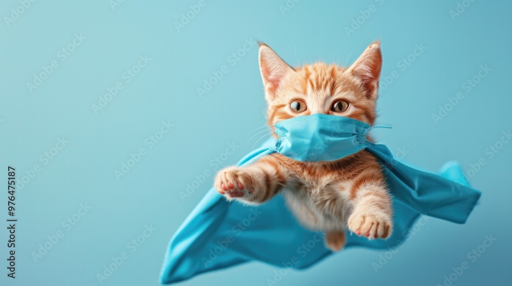Cute orange tabby kitty in blue cloak flying against light blue background. Cute orange tabby kitty in blue cloak flying against light blue background.