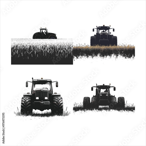 Tractor Silhouette Vector Black Agriculture Farming Machinery Equipment Vehicle Farm Rural