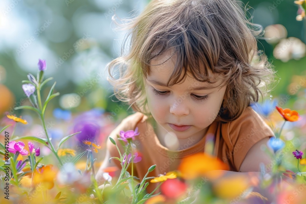 A young child explores a vibrant flower garden, surrounded by colorful blossoms in a bright and sunny setting. A young child explores a vibrant flower garden, surrounded by colorful blossoms in a bright and sunny setting.