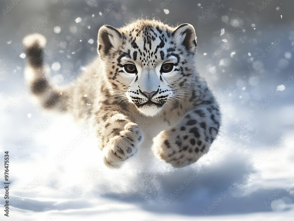 A playful snow leopard cub leaps joyfully through the snow, showcasing its beautiful fur and lively spirit in a winter wonderland. A playful snow leopard cub leaps joyfully through the snow, showcasing its beautiful fur and lively spirit in a winter wonderland.