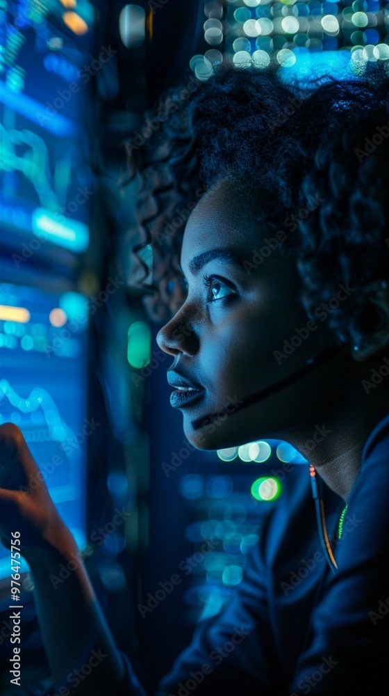 Profile of a focused woman bathed in blue light, working intently on a high-tech interface in a dimly lit, futuristic environment filled with glowing screens. Profile of a focused woman bathed in blue light, working intently on a high-tech interface in a dimly lit, futuristic environment filled with glowing screens.