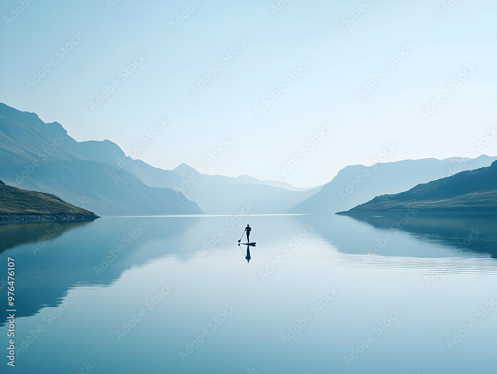 A serene landscape featuring a calm lake and a lone figure paddle boarding in the distance, surrounded by majestic mountains. A serene landscape featuring a calm lake and a lone figure paddle boarding in the distance, surrounded by majestic mountains.