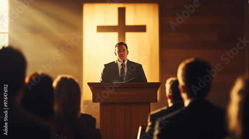 Pastor Delivering Sermon Behind Wooden Pulpit with Cross Overhead photo
