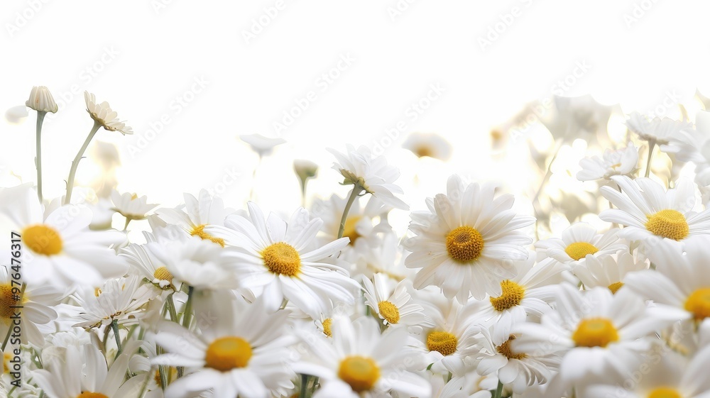 Obraz premium Bright field of white daisies against light background