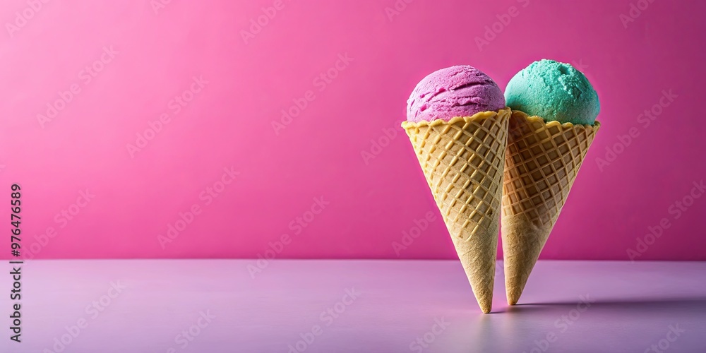 An ice cream cone with two scoops on a colorful surface against a pink background An ice cream cone with two scoops on a colorful surface against a pink background