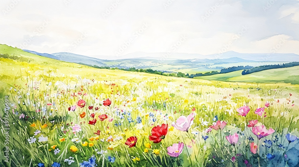 Watercolor painting of a field of wildflowers with a mountain background.