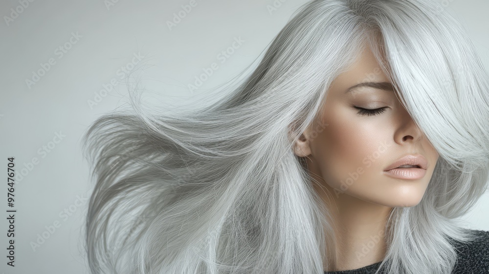 Elegant woman with long, white flowing hair. Beauty portrait showcasing smooth and stylish hairstyle with a serene expression.
