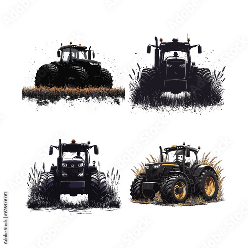 Tractor Silhouette Vector Black Agriculture Farming Machinery Equipment Vehicle Farm Rural