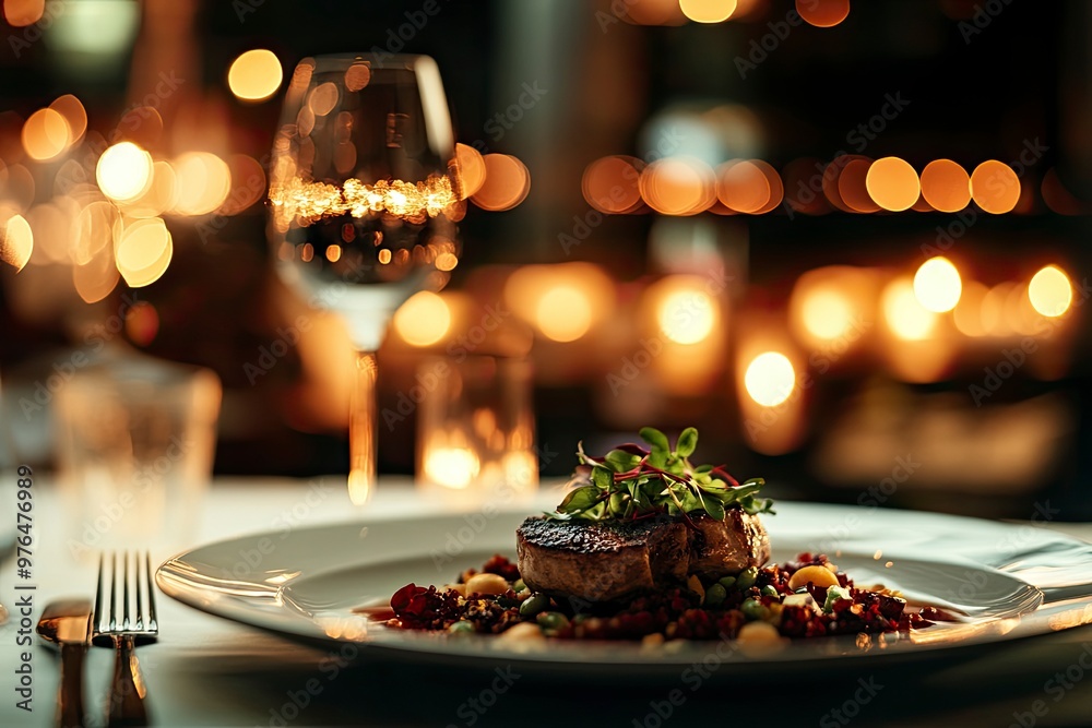 Elegant plated dish in a sophisticated restaurant setting with warm bokeh lighting in the background, highlighting the ambiance and fine dining experience , ai Elegant plated dish in a sophisticated restaurant setting with warm bokeh lighting in the background, highlighting the ambiance and fine dining experience , ai