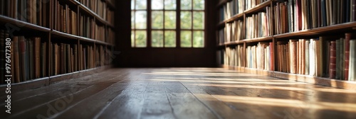 This image captures the serene ambiance of a library with rows of wooden bookshelves filled with a myriad of books, softly illuminated by sunlight streaming through large windows.