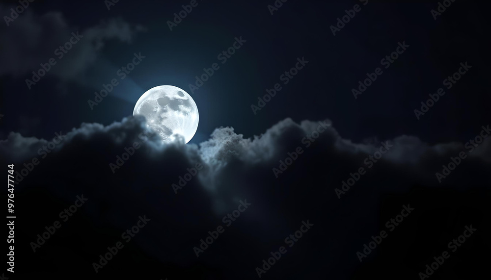A moonlit night, where thin clouds partially cover the moon, yet its radiant blue-tinted rays break through, casting vibrant lines of light across the serene sky A moonlit night, where thin clouds partially cover the moon, yet its radiant blue-tinted rays break through, casting vibrant lines of light across the serene sky