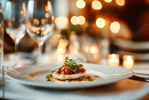 Elegant plated dish in a sophisticated restaurant setting with warm bokeh lighting in the background, highlighting the ambiance and fine dining experience , ai