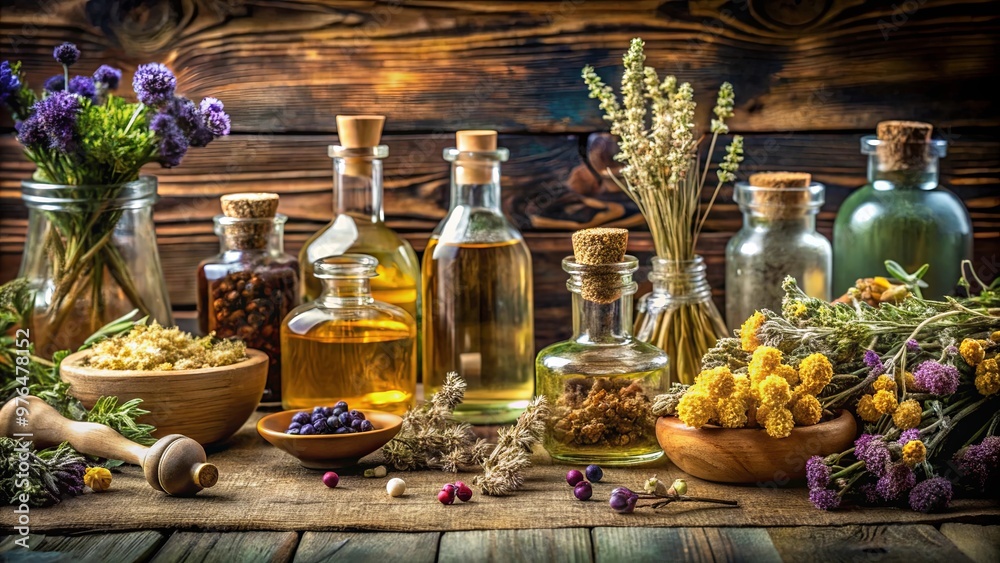 Fototapeta premium A rustic table display featuring bottles of oils, dried flowers, and herbs