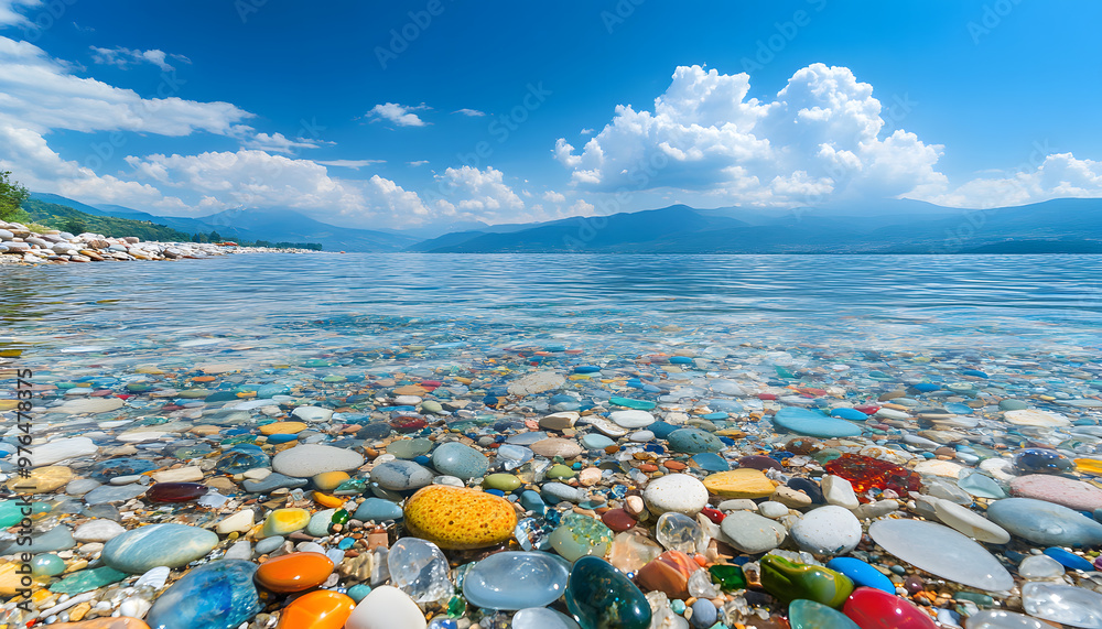 The sea is full of colorful pebbles, and the pebble beach on both sides is covered with many colored glass stones The sea is full of colorful pebbles, and the pebble beach on both sides is covered with many colored glass stones