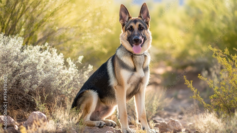 Stunning German Shepard sitting and posing in the desert scrub brush. Domestic dog (Canis lupus) in brilliant sunshine. Black and white coat pointed ears red tongue out Stunning German Shepard sitting and posing in the desert scrub brush. Domestic dog (Canis lupus) in brilliant sunshine. Black and white coat pointed ears red tongue out