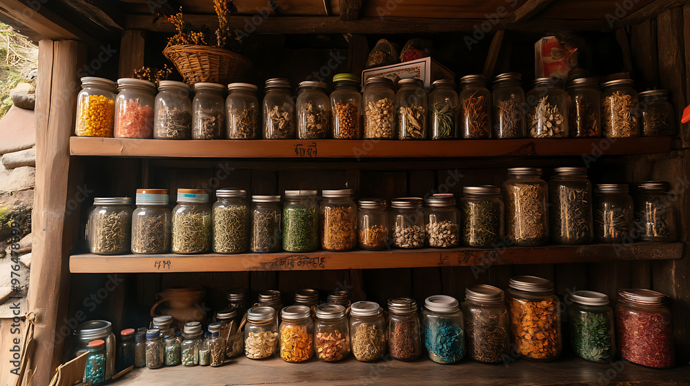 A local healer’s workshop in the Himalayas, featuring shelves filled with jars of dried medicinal plants and herbs A local healer’s workshop in the Himalayas, featuring shelves filled with jars of dried medicinal plants and herbs