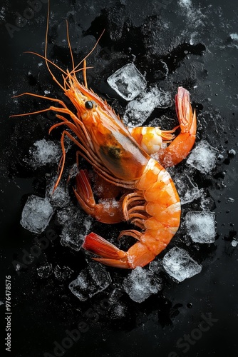 Fresh raw shrimp on ice with black background, ideal for culinary, seafood, and gourmet photography projects. photo