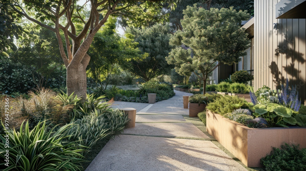Landscaped Pathway in a Lush Garden Landscaped Pathway in a Lush Garden