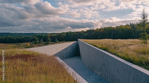 The Flight 93 National Memorial at September 11 hijacked United Airlines Flight 93 crash site. Visitor center walls are cut by Flight Path Walkway and overlook. photo