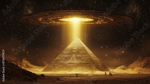 Futuristic scene of a flying saucer beaming light onto an ancient pyramid in a star-filled desert night, blending history and science fiction. photo