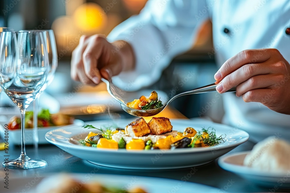 Close up of chef serving a dish in restaurant , ai