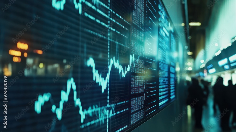 A close-up of a large digital display in a stock exchange, showcasing real-time market data and trends A close-up of a large digital display in a stock exchange, showcasing real-time market data and trends
