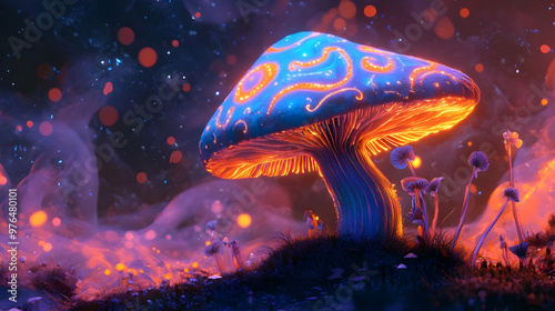 A vibrant, glowing mushroom in a mystical environment with colorful lights and ethereal details, perfect for fantasy themes.