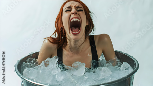 A woman screams while submerged in a bucket of ice, capturing the intense moment of shock and bravery in a cold water challenge. photo