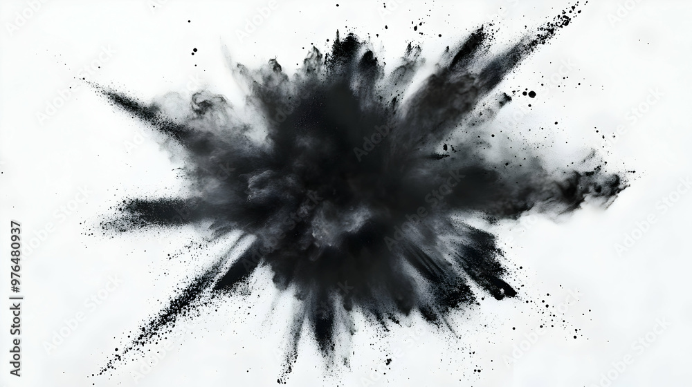 Abstract black powder explosion on white background, creating a dynamic visual impact ideal for artistic and creative projects. Abstract black powder explosion on white background, creating a dynamic visual impact ideal for artistic and creative projects.
