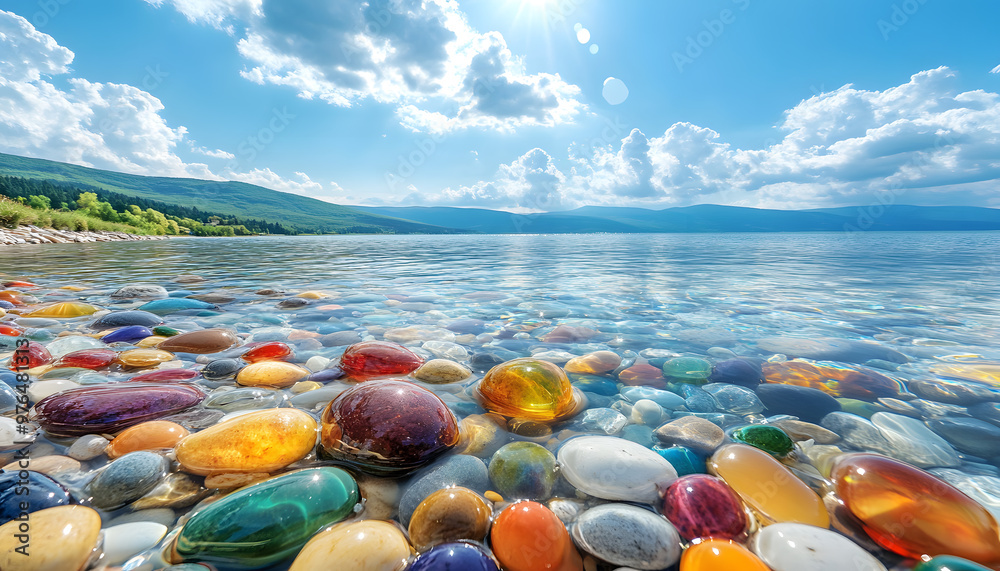 The sea is full of colorful pebbles, and the pebble beach on both sides is covered with many colored glass stones