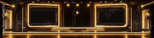 Luxurious Stage with Twin Screens and Gold Lights, Empty, Dark Background, 3D