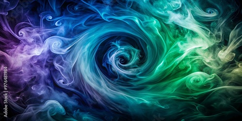 A mystical swirling vortex of smoke in deep hues of indigo and emerald photo