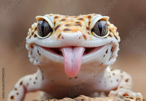 Close-up of a cheerful gecko with bright eyes and a playful expression, showcasing its unique patterns and vibrant colors.