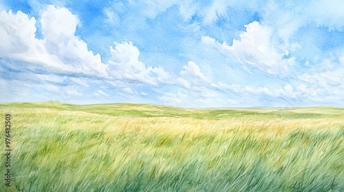 Watercolor painting of a green field with a blue sky and white clouds in the background.