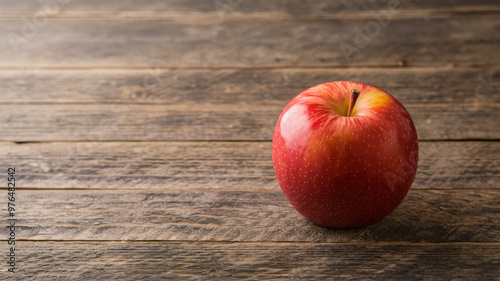 A clean background with a lot of negative space, featuring a single red apple placed on a wooden surface.
