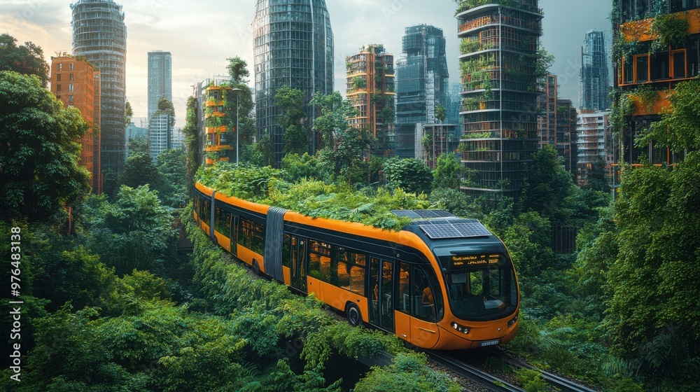 Obraz premium Sustainable Urban Future - Eco-Friendly Cityscape with Electric Buses, Green Buildings, and Solar Panels