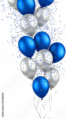 Colorful blue and silver balloons with confetti create a festive atmosphere, perfect for celebrations and special occasions.