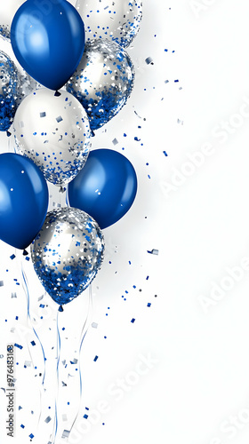 Colorful blue and silver balloons with confetti, ideal for celebration themes and festive occasions.